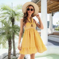 VICTOR Vestito Donna Scollo Cuore Cut Out Fantasia Quadretti Gonna Campana Rush Casual