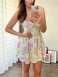 VICTOR Vestito Donna Scollo Cuore Bretelle Gonna Svasata Fantasia Fiori Sensuale Elegante