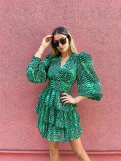 Vestito Donna Scollo V Manica Sbuffo Fantasia Pitonata Balze Casual Elegante