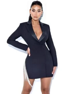 Vestito Donna Tubino Blazer Scollo V Profondo Spacco Frange Strass Sensuale Elegante