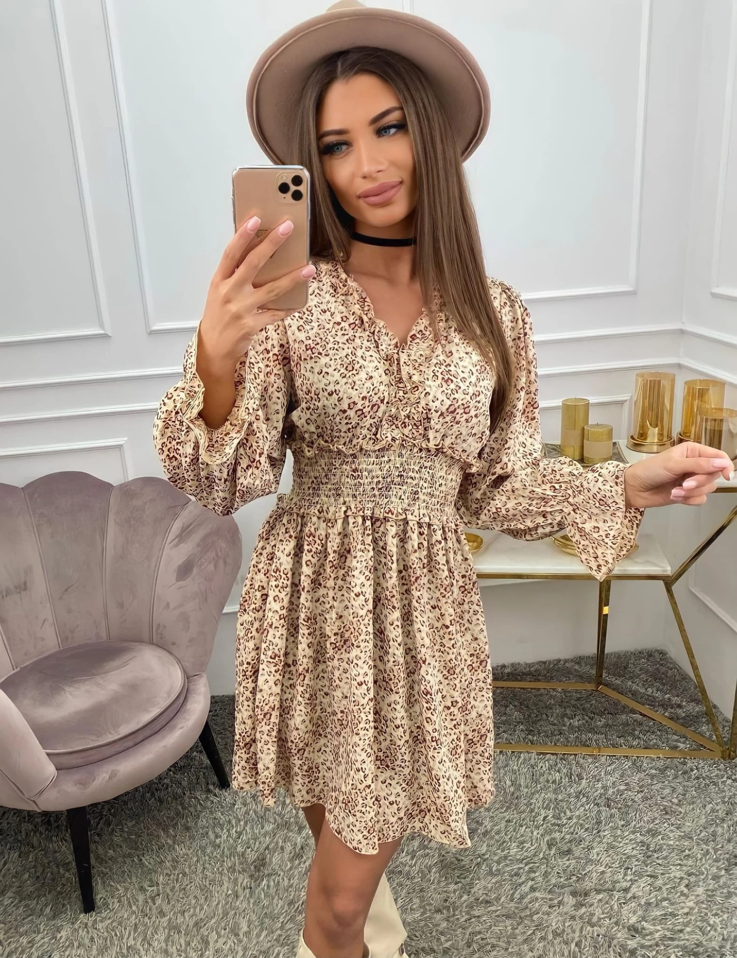 Vestito Donna Scollo V Manica Sbuffo Rush Fantasia Maculata Elastico Gonna Campana Casual Elegante 2 Vestito Donna Scollo V Manica Sbuffo Rush Fantasia Maculata Elastico Gonna Campana Casual Elegante - immagine 2