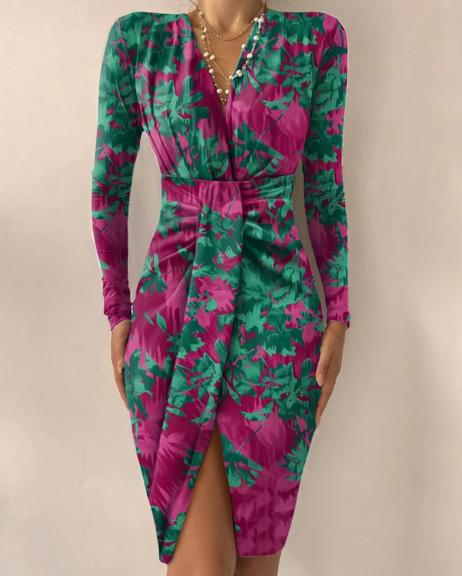 Vestito Donna Tubino Scollo V Fantasia Fiori Incrocio Spacco Aderente Elegante Sensuale 2 Vestito Donna Tubino Scollo V Fantasia Fiori Incrocio Spacco Aderente Elegante Sensuale - immagine 2