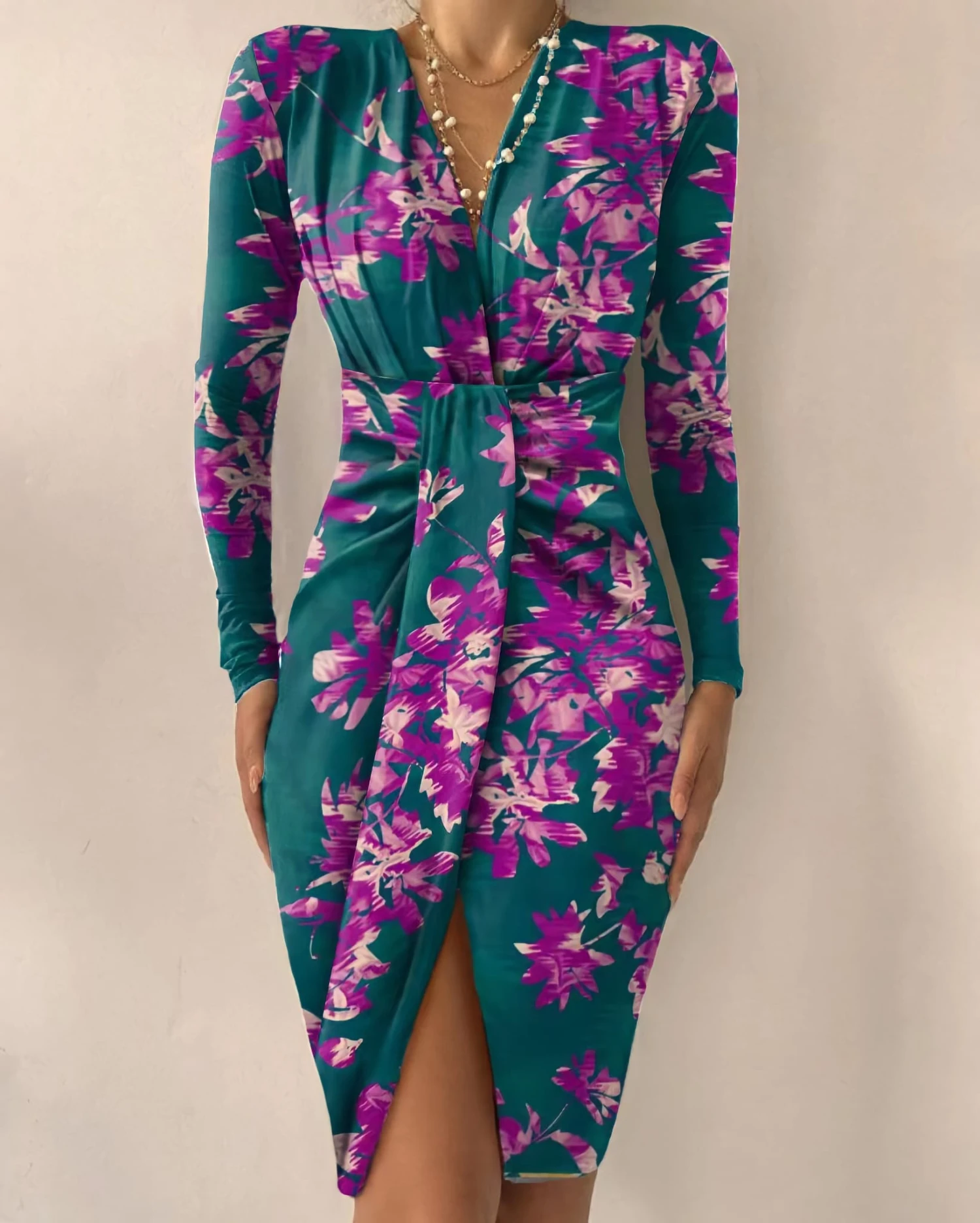 Vestito Donna Tubino Scollo V Fantasia Fiori Incrocio Spacco Aderente Elegante Sensuale 4 Vestito Donna Tubino Scollo V Fantasia Fiori Incrocio Spacco Aderente Elegante Sensuale - immagine 4