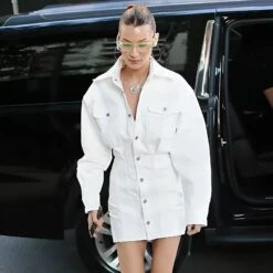 Vestito Donna Camicione Bottoni Colletto Manica Sbuffo Tasche Casual Elegante Sensuale