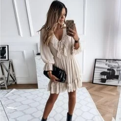 Vestito Donna Scollo V Traforato Gonna Svasata Rush Elegante Sensuale