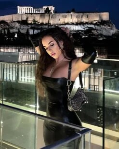 Vestito Donna Aderente Scollo Fascia Guanti Ecopelle Casual Elegante Sensuale