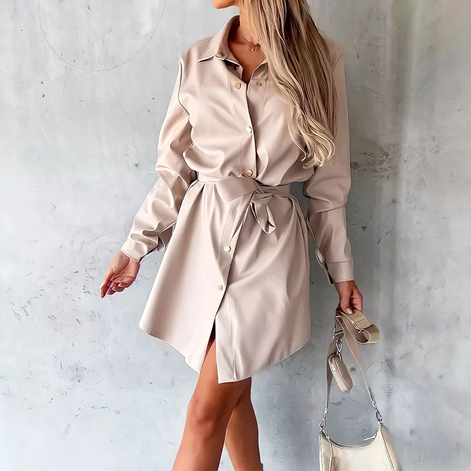 Vestito Donna Camicione Ecopelle Bottoni Cintura Casual Elegante 2 Vestito Donna Camicione Ecopelle Bottoni Cintura Casual Elegante - immagine 2