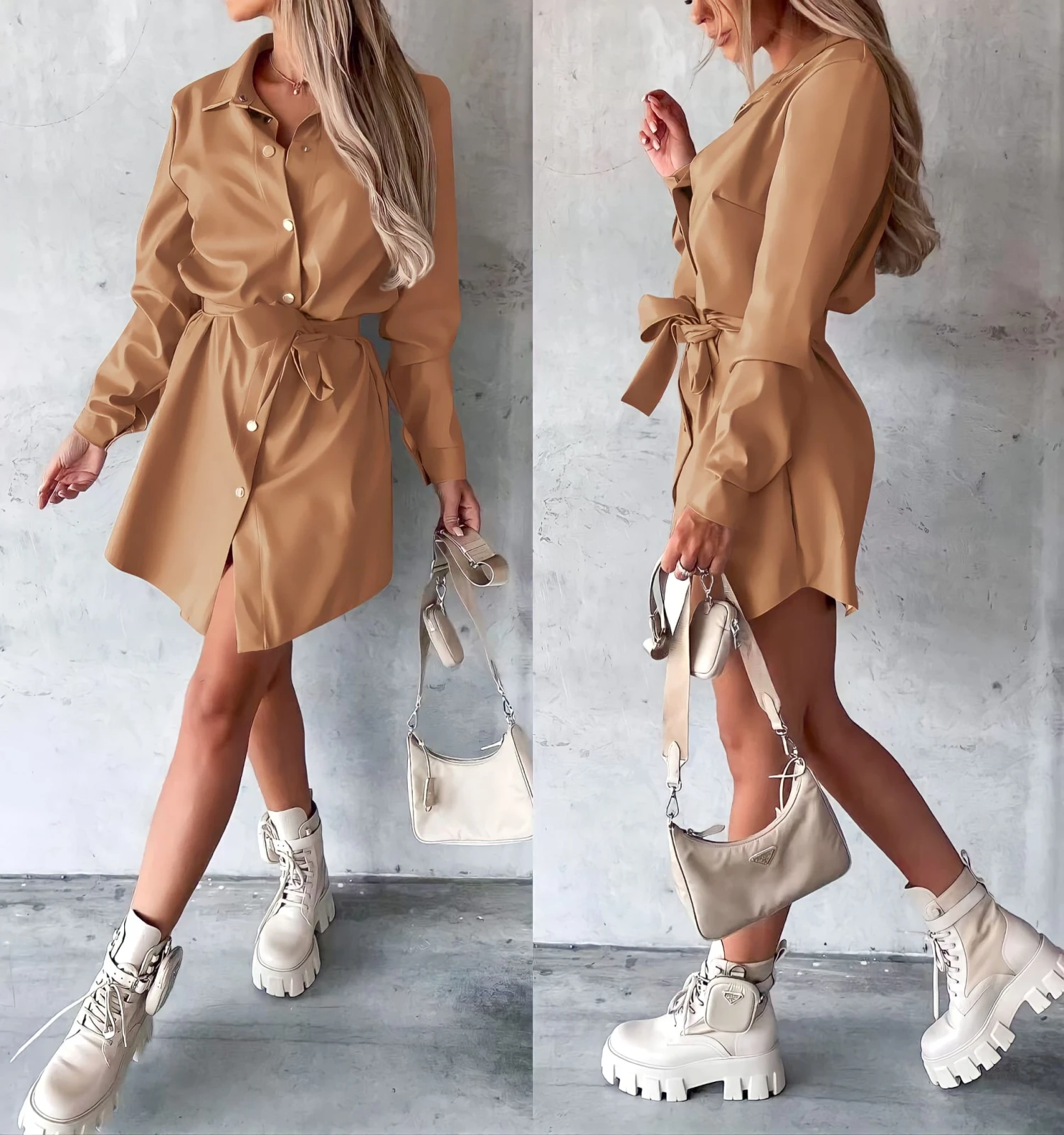 Vestito Donna Camicione Ecopelle Bottoni Cintura Casual Elegante 3 Vestito Donna Camicione Ecopelle Bottoni Cintura Casual Elegante - immagine 3