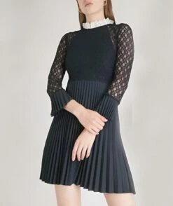 Vestito Donna Gonna Campana Plissé Manica Lunga Merletto Colletto Rush Bicolore Elegante Sensuale