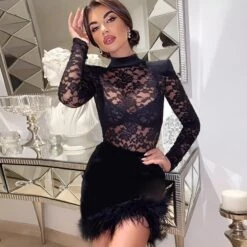 Vestito Donna Tubino Velato Ricami Spalline Piume Elegante Sensuale Aderente