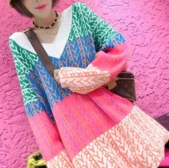 Vestito Donna Maxi Pull Scollo V Fantasia Multicolore Morbido Caldo Casual Comodo