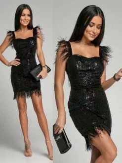 Vestito Donna Tubino Scollo Cuore Bretelle Piume Paillettes Sensuale Elegante