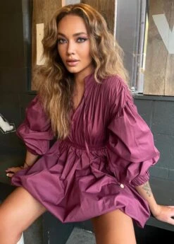 Vestito Donna Scollo V Manica Sbuffo Elastico Gonna Svasata Morbido Casual Elegante