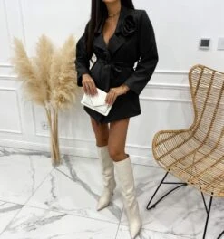 Vestito Donna Blazer Monocolore Manica Lunga Scollo V Fiore Cintura