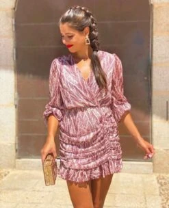 Vestito Donna Fantasia Scollo V Arricciato Elegante