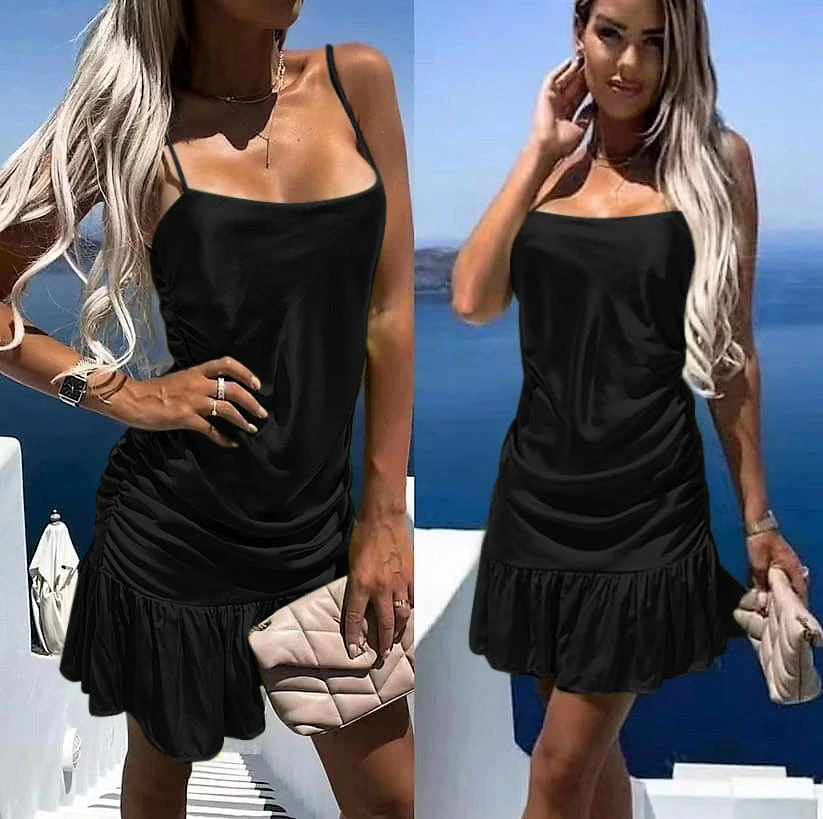 Vestito Donna Bretelle Morbido Rush Arricciato Sensuale Elegante 1 Vestito Donna Bretelle Morbido Rush Arricciato Sensuale Elegante