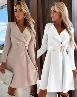 Vestito Donna Blazer Scollo V Bottoni Cintura Gonna Campana