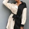 Vestito Donna Camicione Morbido Bicolore Cintura Casual Elegante