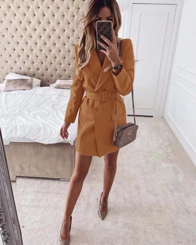 Vestito Donna Blazer Cintura Manica Lunga Doppio Petto Casual Elegante 1 Vestito Donna Blazer Cintura Manica Lunga Doppio Petto Casual Elegante