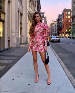 Vestito Donna Tubino Fantasia Manica Lunga Sbuffo