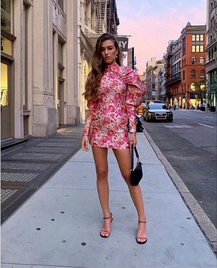 Vestito Donna Tubino Fantasia Manica Lunga Sbuffo