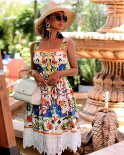 Abito Donna Vestito Fantasia Svasato Bretelle Campana Merletto Casual Vintage