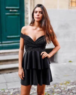 Vestito Donna Scollo Barca Gonna Balze Corpetto Paillettes