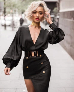 Vestito Donna Asimmetrico Scollo V Manica Bottoni