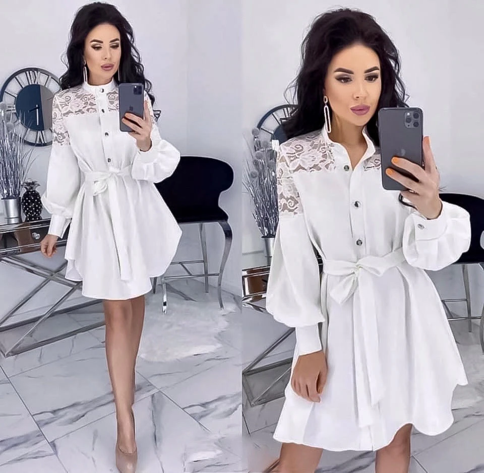 Vestito Donna Morbido Camicia Macramé Manica Sbuffo 1 Vestito Donna Morbido Camicia Macramé Manica Sbuffo