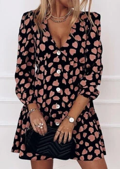 Vestito Donna Fantasia Cuori Scollo V Bottoni