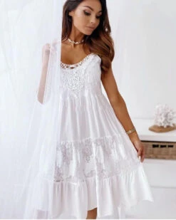 Vestito Donna Svasato Scollo V Sangallo Bretelle Casual Elegante