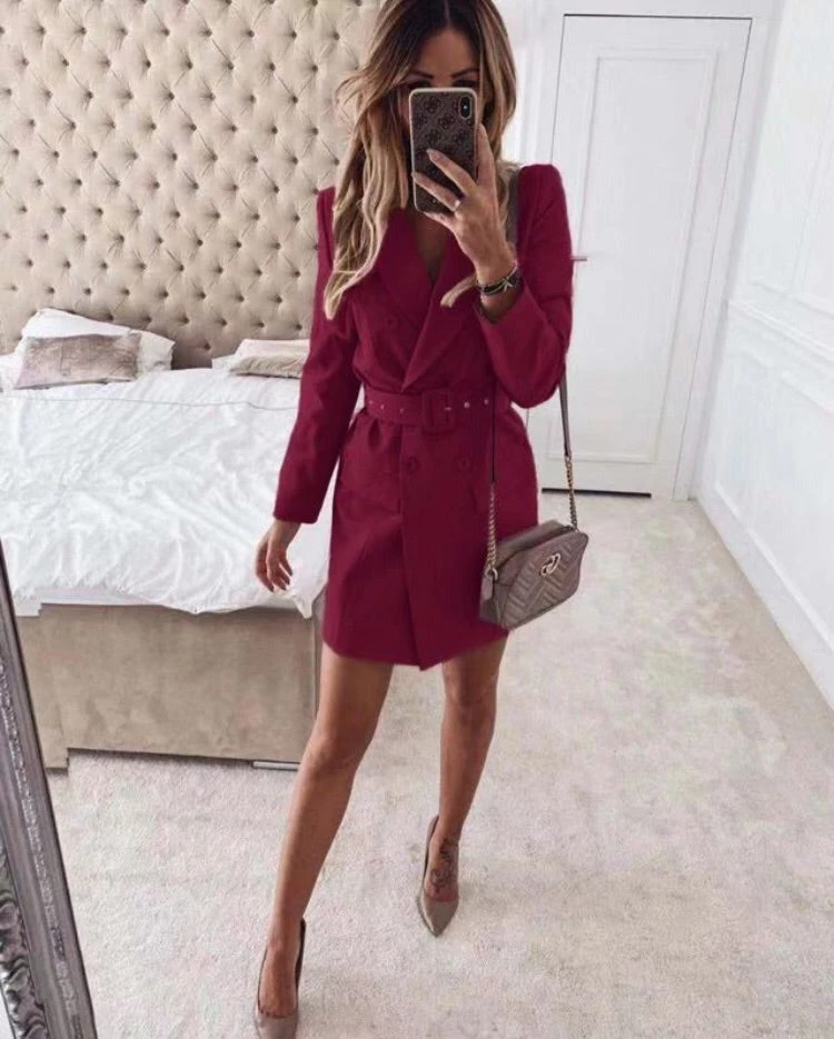 Vestito Donna Blazer Cintura Manica Lunga Doppio Petto Casual Elegante 2 Vestito Donna Blazer Cintura Manica Lunga Doppio Petto Casual Elegante - immagine 2