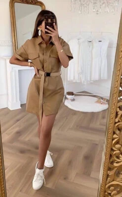 Vestito Donna Bottoni Pelle Cintura Tasche Manica Corta Casual