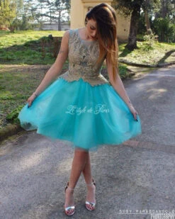 Vestito Donna Corto Tulle Svasato Corpetto Ricamato Strass Senza Manica