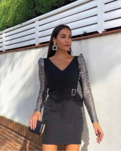 Vestito Donna Tubino Manica Argento