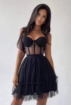 Vestito Donna Svasato Tulle Corpetto Scollo Cuore Velato