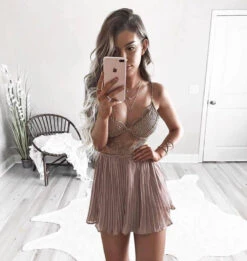 Vestito Donna Corpetto Merletto Gonna Svasata Plisse Culotte Interna Casual Elegante