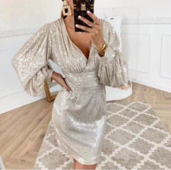 Vestito Donna Tubino Paillettes Manica Lunga Sbuffo Elegante Feste Eventi Party