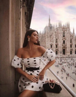 Vestito Donna Fascia Manica Palloncino Fantasia Pois Svasato Morbido Casual Vintage