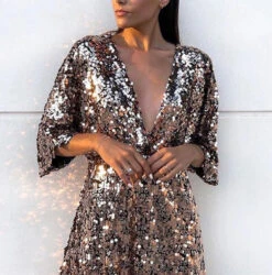 Vestito Donna Paillettes Kimono Mezza Manica Scollo V Elegante Feste Eventi Party