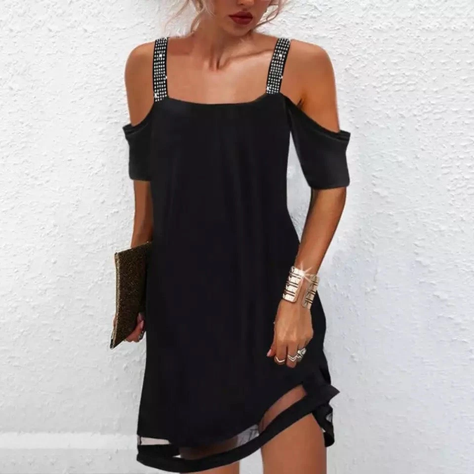 Vestito Donna Morbido Scollo Barca Bretelline Strass 1 Vestito Donna Morbido Scollo Barca Bretelline Strass