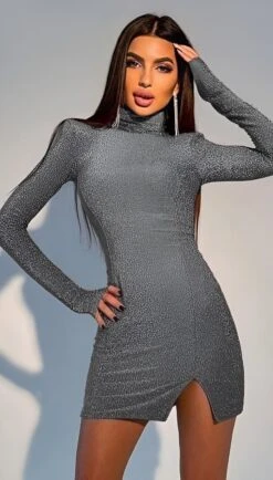 Vestito Donna Tubino Lurex Collo Alto Aderente Spacco Elegante Sensuale