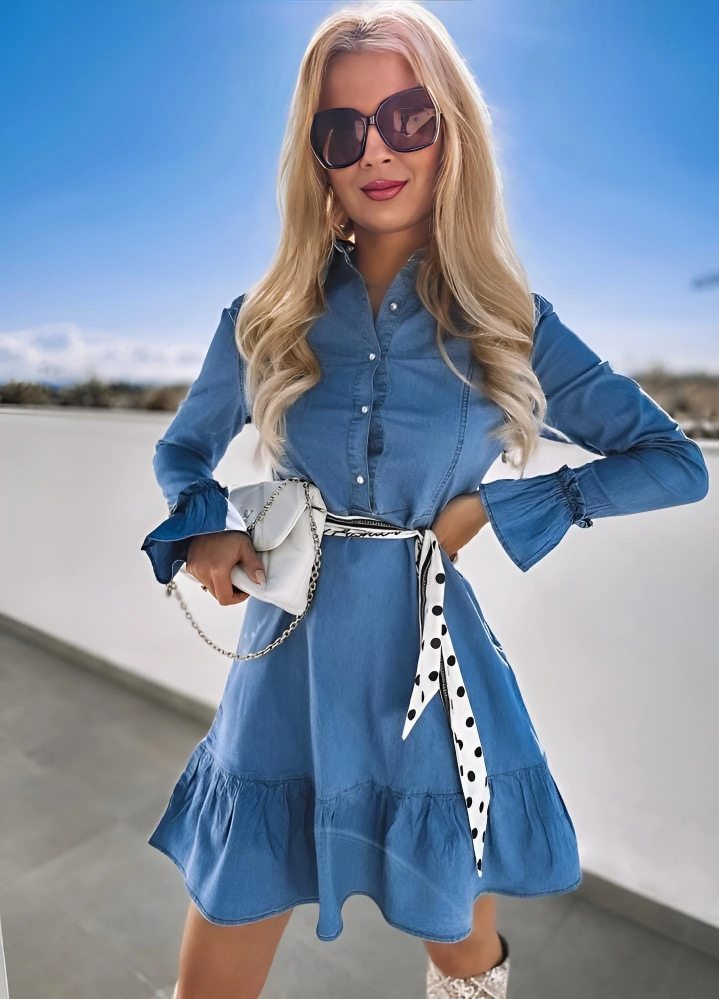 Vestito Donna Jeans Colletto Bottoni Gonna Campana Volant 1 Vestito Donna Jeans Colletto Bottoni Gonna Campana Volant