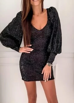 Linda Vestito Donna Tubino Scollo V Manica Sbuffo Paillettes Elegante Sensuale