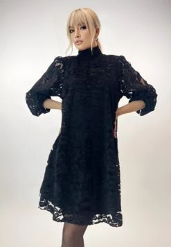 Linda Vestito Donna Collo Alto Manica Sbuffo Merletto Morbido Elegante Sensuale