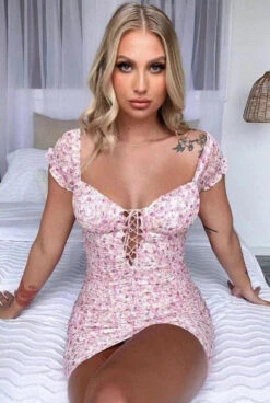 Vestito Donna Tubino Scollo Cuore Fantasia Fiori Lacci Cut Out Casual Elegante