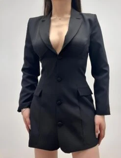 Vestito Donna Giacca Bottoni Scollo V Profondo Colletto Manica Lunga Elegante Sensuale