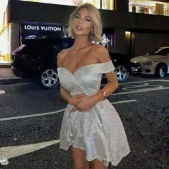 Vestito Donna Scollo Cuore Glitter Gonna Campana Sensuale Elegante