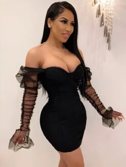 Vestito Donna Tubino Aderente Scollo Cuore Spalla Sbuffo Tulle Rush Sensuale Elegante