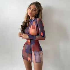 Vestito Donna Tubino Aderente Multicolore Manica Lunga Sensuale Casual Elegante